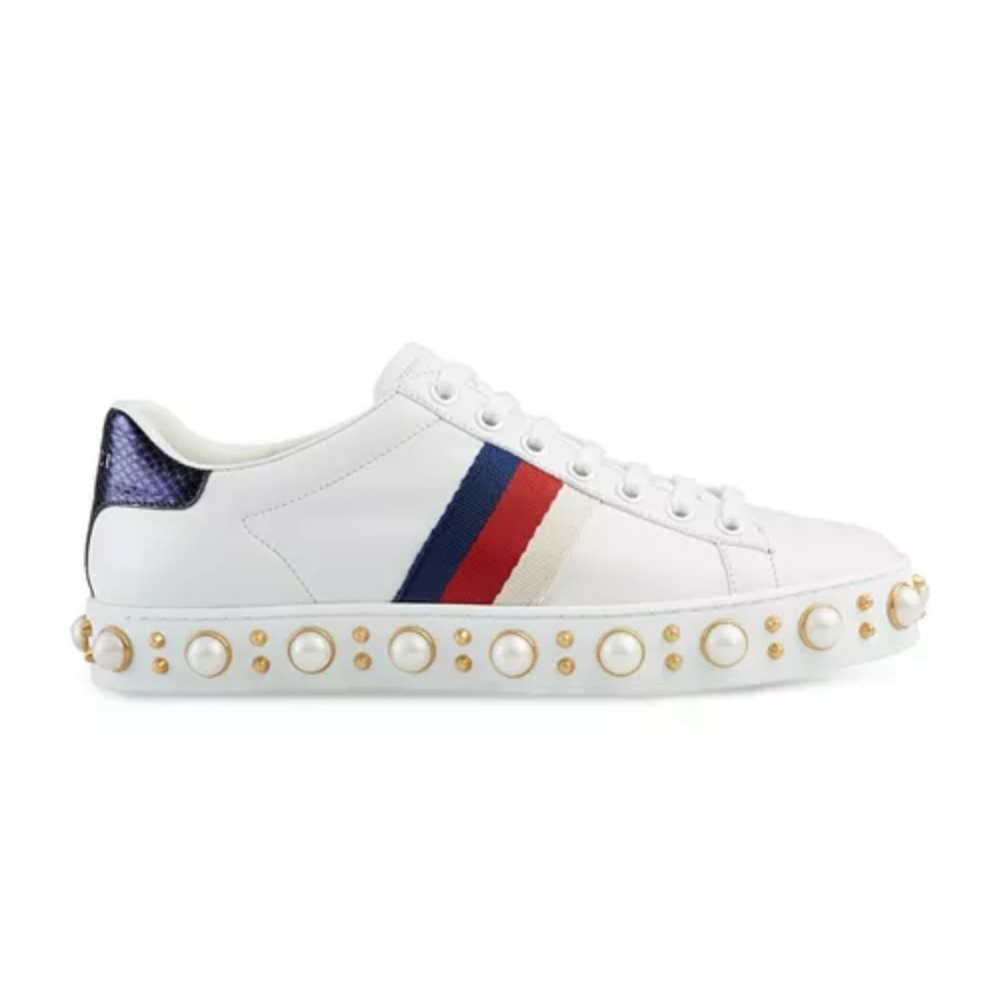 White Gucci Sneakers with Pearl Embellishments